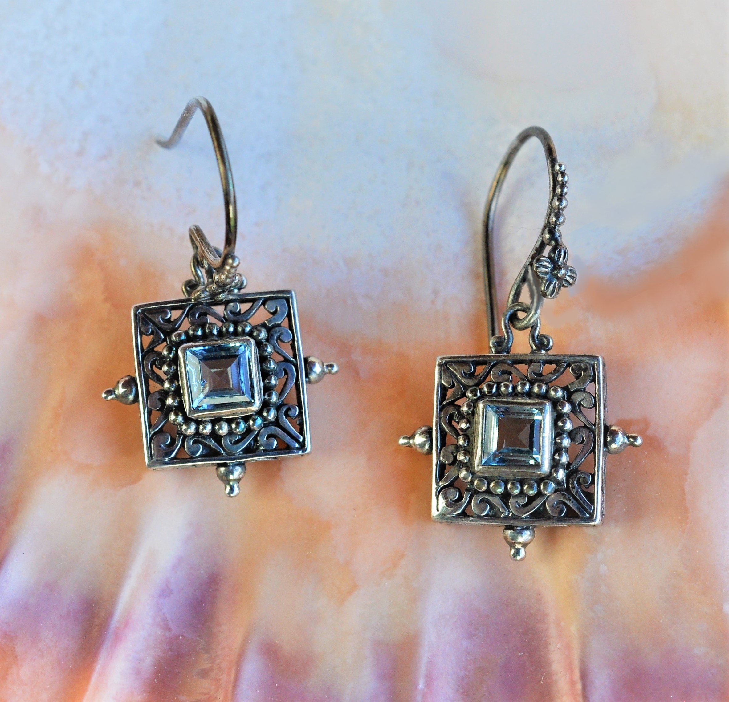 Square Blue Topaz Earrings with Notch